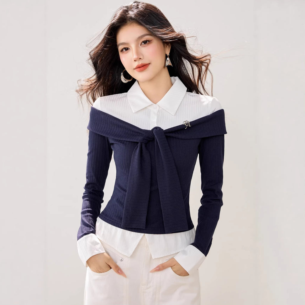 Stylish Stripe Polo Neck Faux Two-Piece Knit Top for Women Long Sleeve Basic Short Top