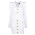 White Short-Sleeved Gold Four-Button Small V-Neck Sexy Waist Summer Knitted Dress Is Elastic And Gentle Light Luxury