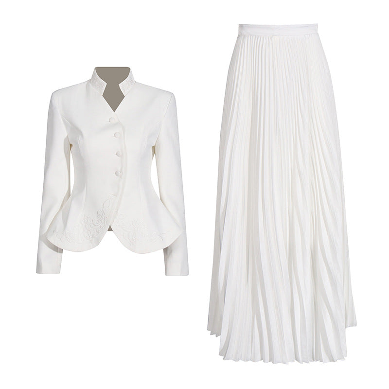 Two piece set of three-dimensional embroidery design jacket with high waist and pleated skirt