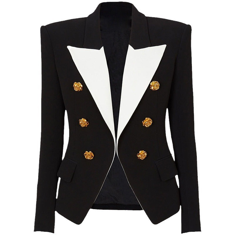 European and American celebrity fashion color blocking metal rose button slim fit suit jacket