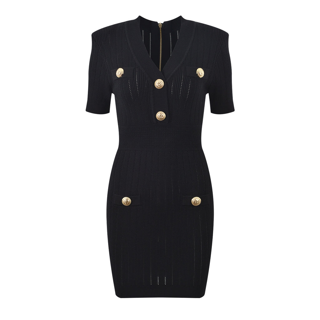 French style small fragrance metal buckle light luxury socialite temperament fashionable V-neck short sleeved slim fit knit dress