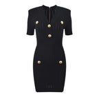 French style small fragrance metal buckle light luxury socialite temperament fashionable V-neck short sleeved slim fit knit dress