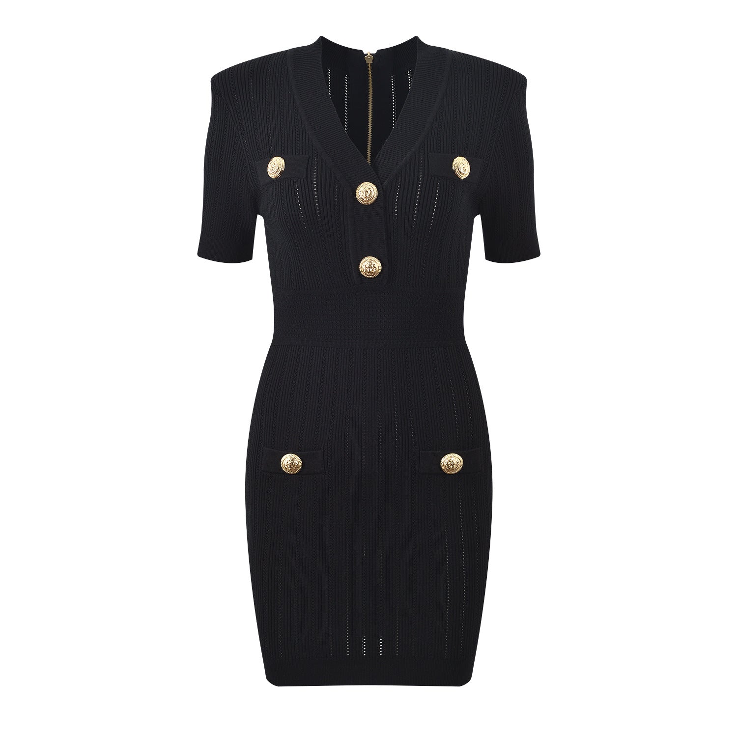 French style small fragrance metal buckle light luxury socialite temperament fashionable V-neck short sleeved slim fit knit dress