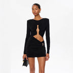 Elegant Sexy Hollow-Out Waist Bodycon Long Sleeve Dress with Pleated Skirt