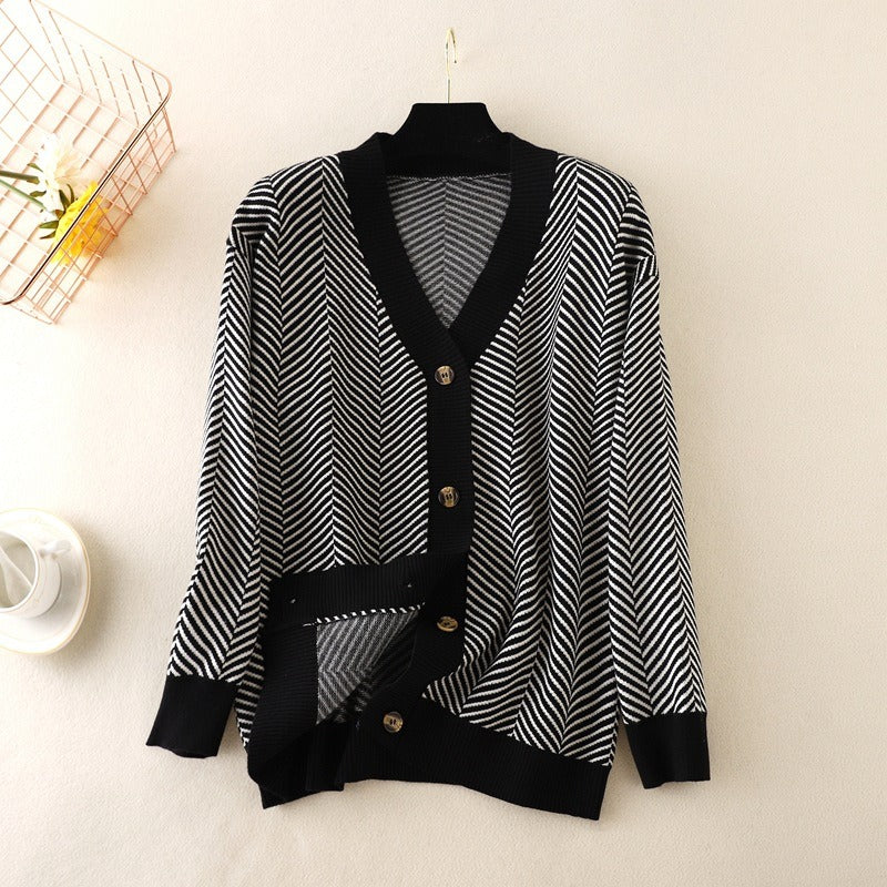 Women Tops Blue Knit Sweaters Love Heart Cardigan Female Chic V Neck Sweater