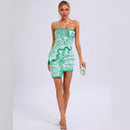 Fashionable sleeveless tube top sexy irregular dress green jacquard color block miniskirt suit