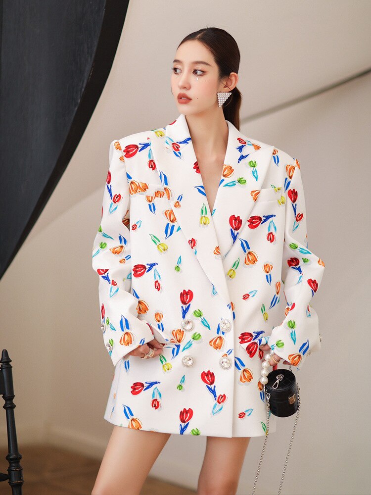 Runway Designer Women Loose Blazers White Hit Color Flower Printed Crystal Buttons Femme Jacket Large Size Outfit