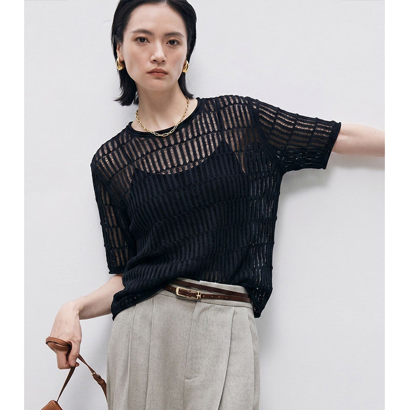 Comfortable Breathable Hollow-Out Sun Protection Top for Women, Lightweight Knit Short Sleeve T-Shirt Summer Style
