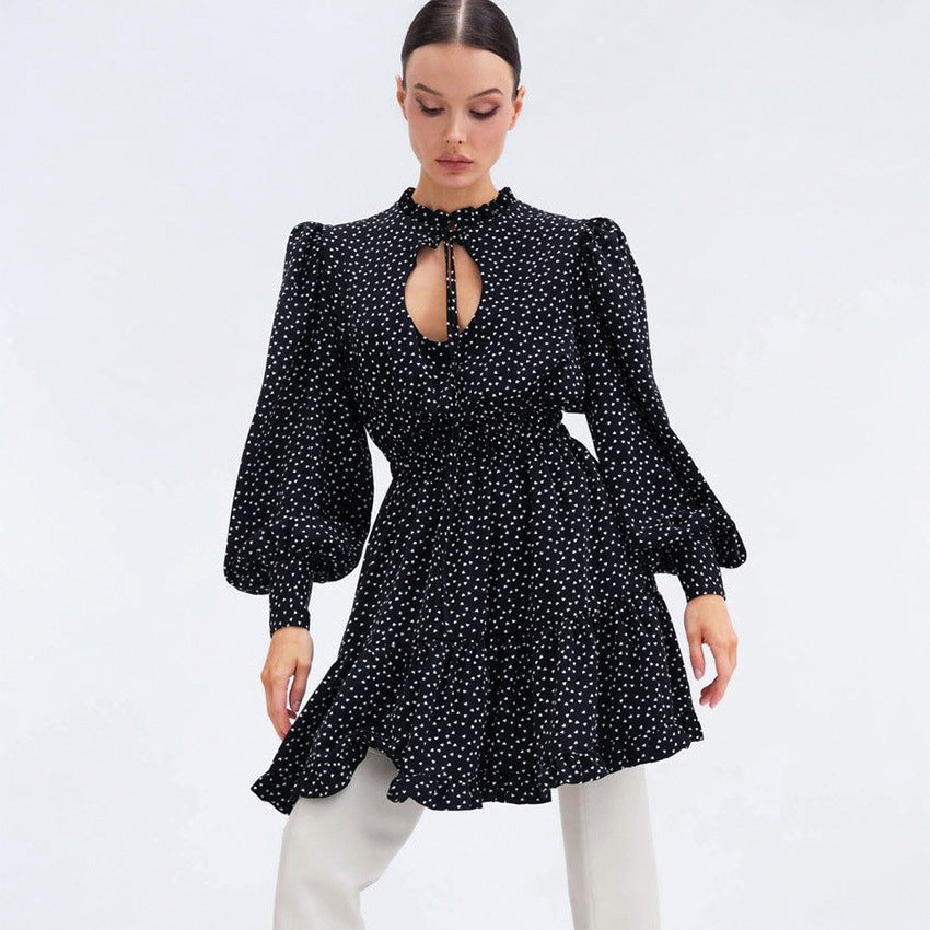 Women European And American Ins Short Skirt Lantern Sleeves Sexy Hollow Air Quality A Line Skirt Polka Dot Dress