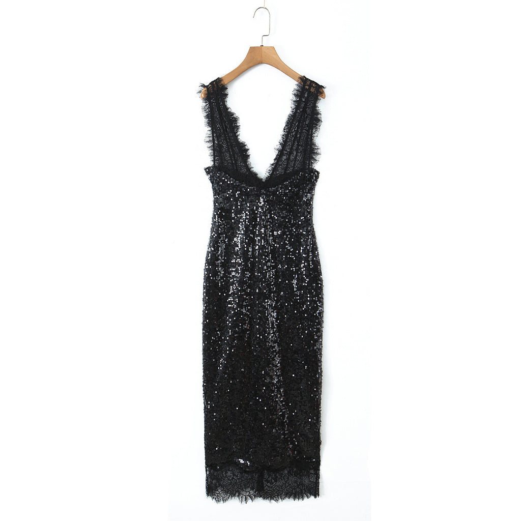 Light luxury style lace deep V-neck sequined dress