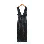 Light luxury style lace deep V-neck sequined dress