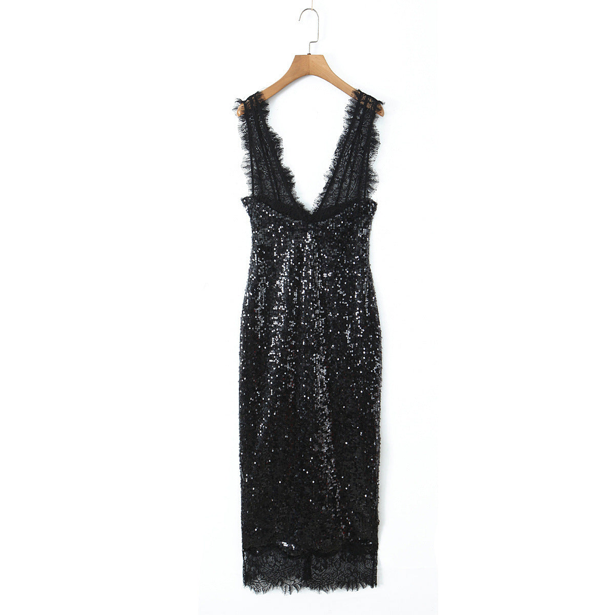 Light luxury style lace deep V-neck sequined dress