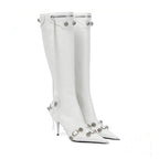 Women's Sexy High Heels Metal Buckle Luxury Shoes Fashion Pointed Toe Ankle Boots Black Stiletto Dress Party Short Boots