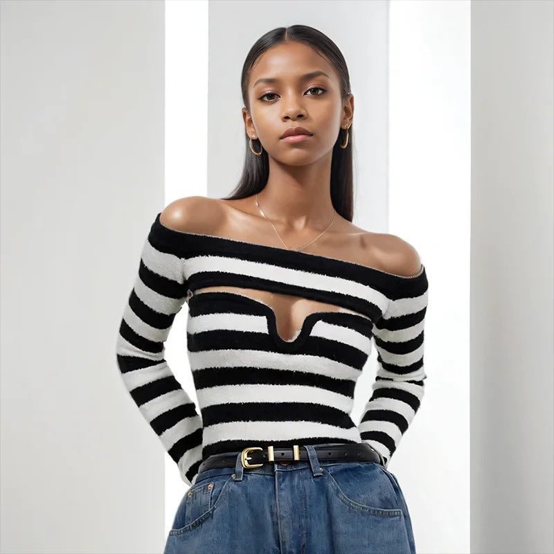 Color blocking striped sexy one shoulder knitted sweater for women spicy girl off shoulder slim fit long sleeved sweater