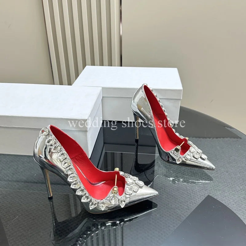 Rhinestone Heels Patent Leather Sexy Pointed Toe Shallow Mouth Black High Heels Luxury New Single Shoes Women Wedding Pumps