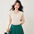 Vintage Tweed Square Neck Short Sleeve Knit Top for Women Summer Unique Elegant Gold Single Row Button Cardigan