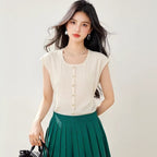 Vintage Tweed Square Neck Short Sleeve Knit Top for Women Summer Unique Elegant Gold Single Row Button Cardigan