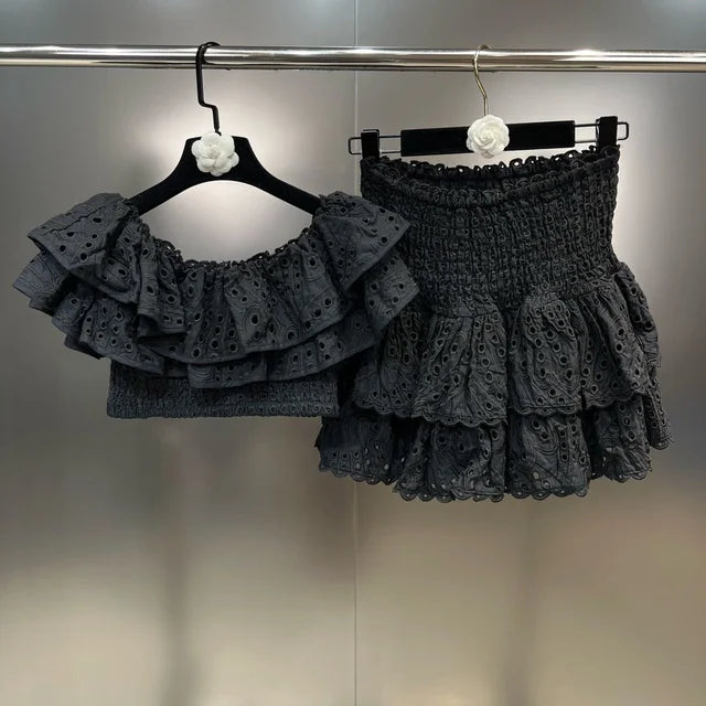 Embroidery Patchwork Two-piece Sets Summer New Square Collar Short Sleeve Ruffles T-shirt + Mini Skirts Elegant