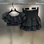 Embroidery Patchwork Two-piece Sets Summer New Square Collar Short Sleeve Ruffles T-shirt + Mini Skirts Elegant