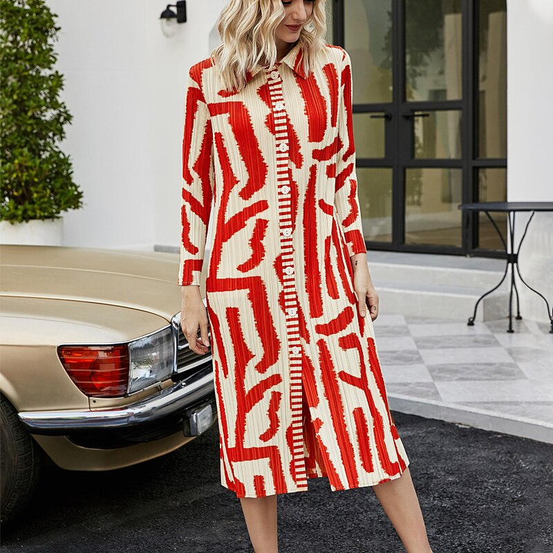 Pleated Women Vintage Printed Dress Turn-down Collar Button Cardigan Single Breasted Coats Designer Aesthetic Long Dress