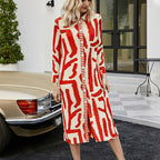Pleated Women Vintage Printed Dress Turn-down Collar Button Cardigan Single Breasted Coats Designer Aesthetic Long Dress