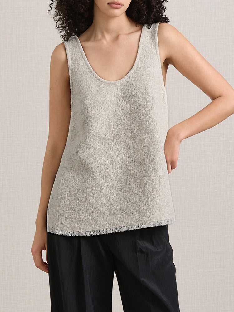 High-end Ramie Knit Women's Top Round Neck Strap Side Slit Design Fringe Sleeveless Blouse