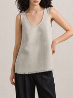 High-end Ramie Knit Women's Top Round Neck Strap Side Slit Design Fringe Sleeveless Blouse