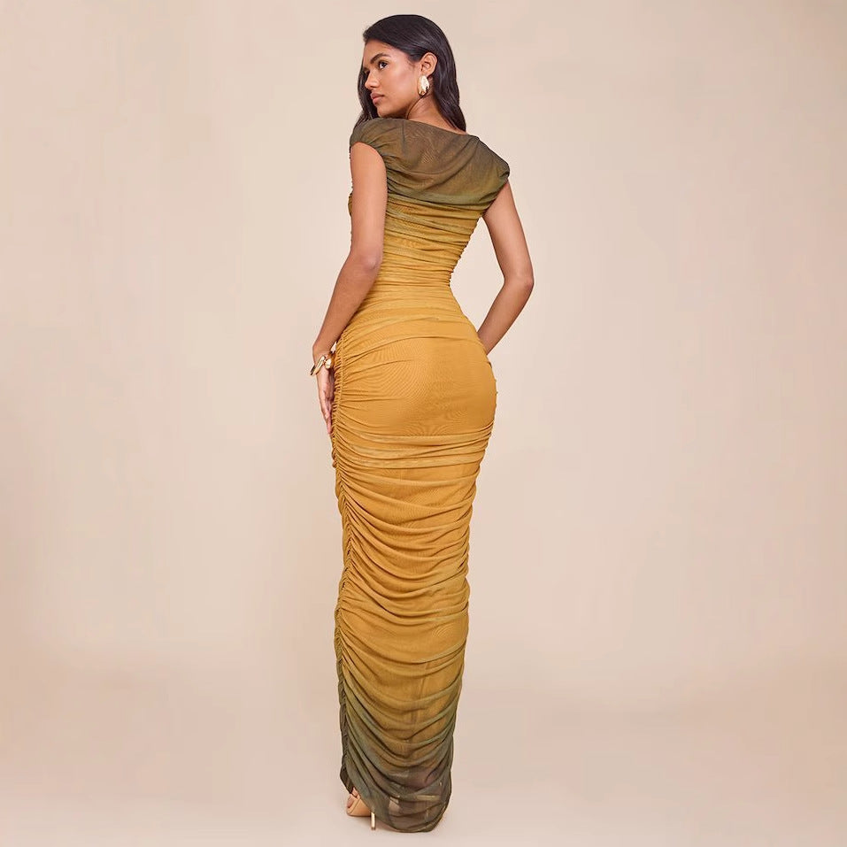 Elegant Gradient Pleated Dress with Fashion Design, Slim Fit, Luxury Style Long Dress