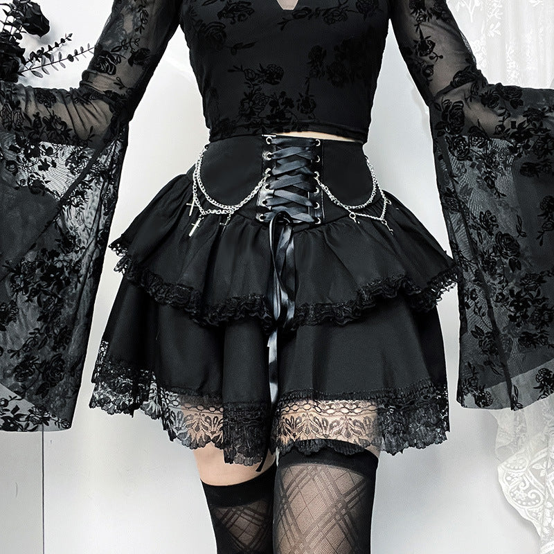 Gothic Layered Skirt with Chain Cross Design for Women, Fitted and Trendy Halloween Party Style