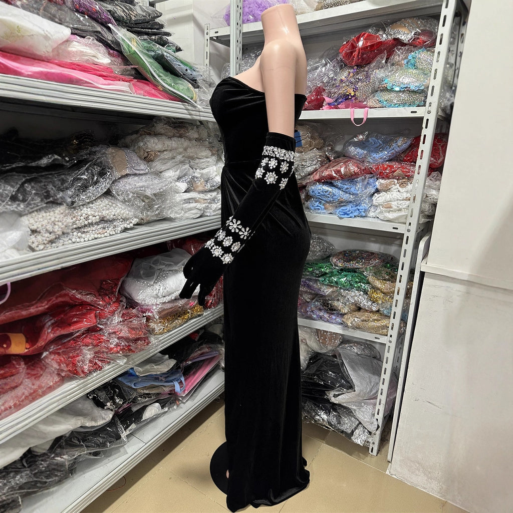 Women's Fashion Rhinestone Strapless Side Slit Party Long Dress Elegant Fitted