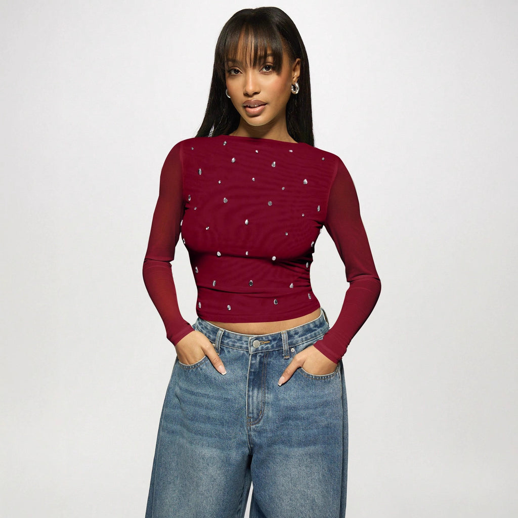 Long sleeved double-layer mesh rhinestone hot pressed women's top
