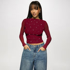Long sleeved double-layer mesh rhinestone hot pressed women's top