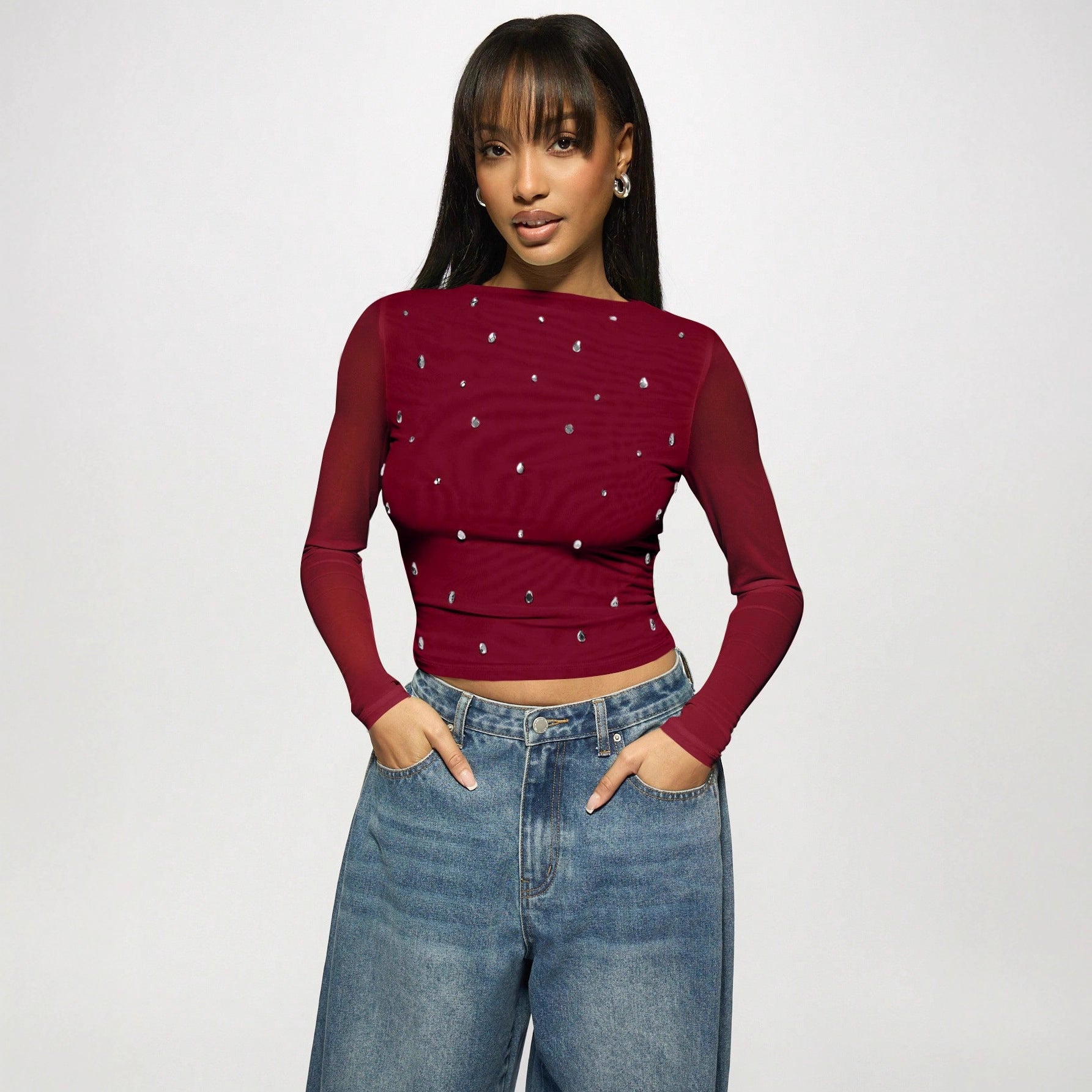 Long sleeved double-layer mesh rhinestone hot pressed women's top