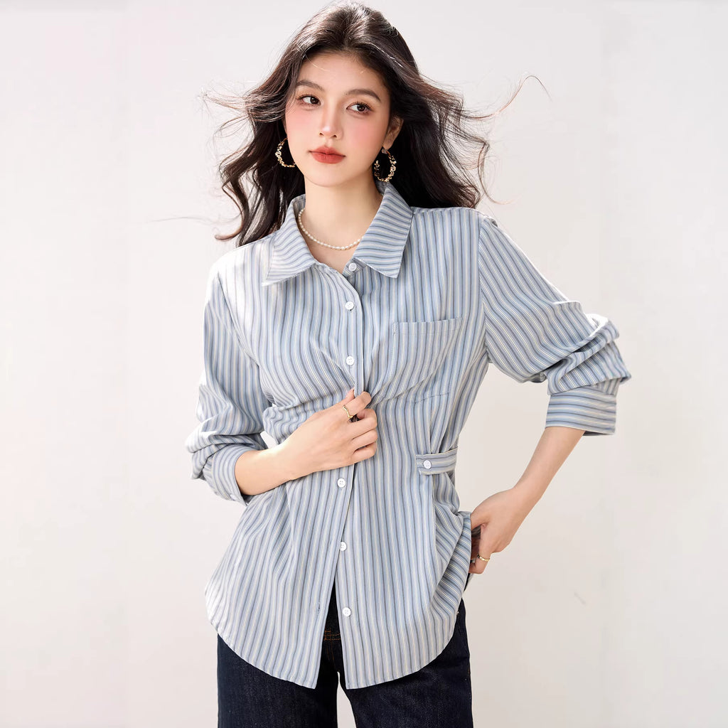 Blue Striped Polo Neck Shirt for Women  Long Sleeve, Casual Design