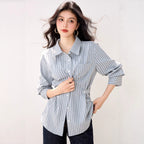 Blue Striped Polo Neck Shirt for Women  Long Sleeve, Casual Design