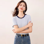 Ruffled Color-Blocked Short Sleeve T-Shirt for Women Fashionable Slim Fit Design, Stylish Top