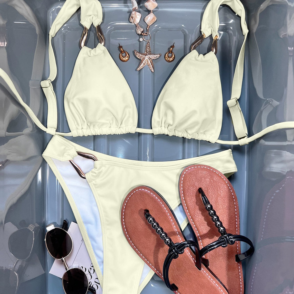 Solid color strap backless sexy split beach vacation bikini for women