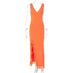Fashionable V-neck sleeveless black fungus edge slit backless dress