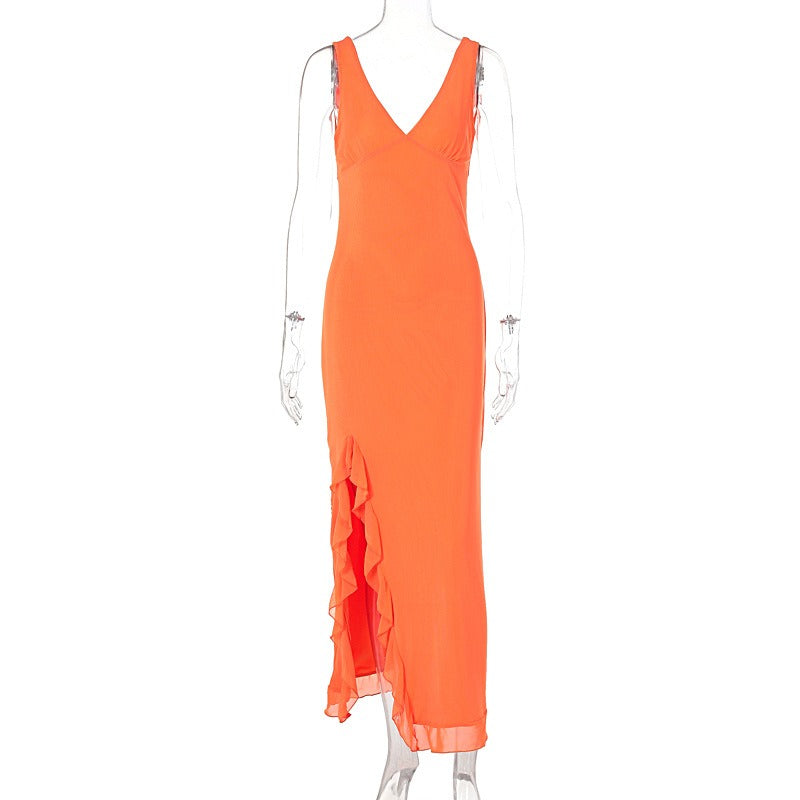 Fashionable V-neck sleeveless black fungus edge slit backless dress