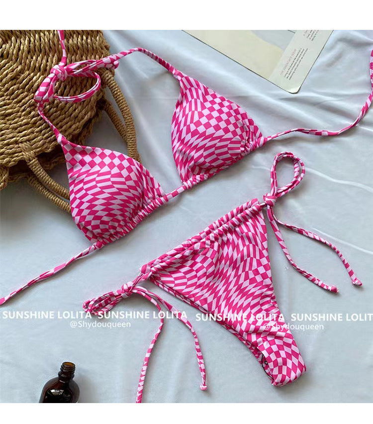 Plaid Bikini, Sexy Backless, Small Bust Push-Up, Two-Piece Triangular Swimsuit for Women