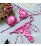 Plaid Bikini, Sexy Backless, Small Bust Push-Up, Two-Piece Triangular Swimsuit for Women