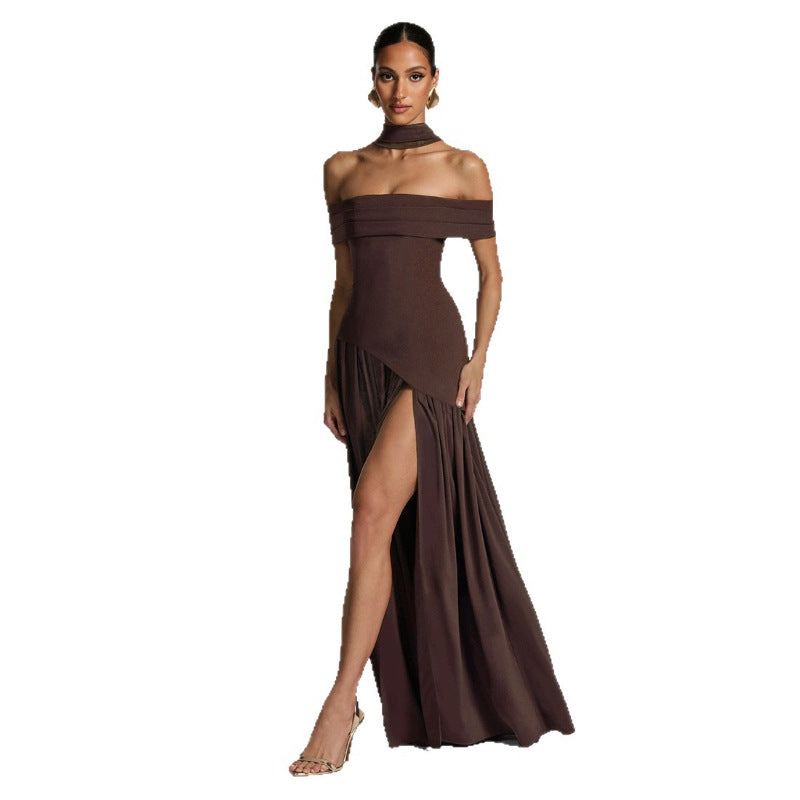 Style Solid Color Off-Shoulder High Slit Backless Long Dress