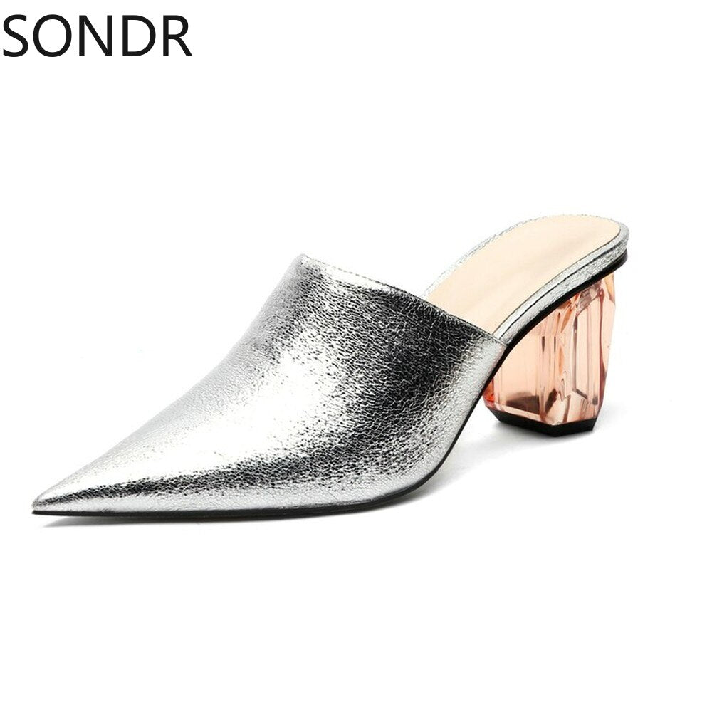 Womens Pointed Toe Leather Clear Stitching Snake Pattern Mules Crystal Heel Slippers Slides Shoes Sandals Summer Plus Size