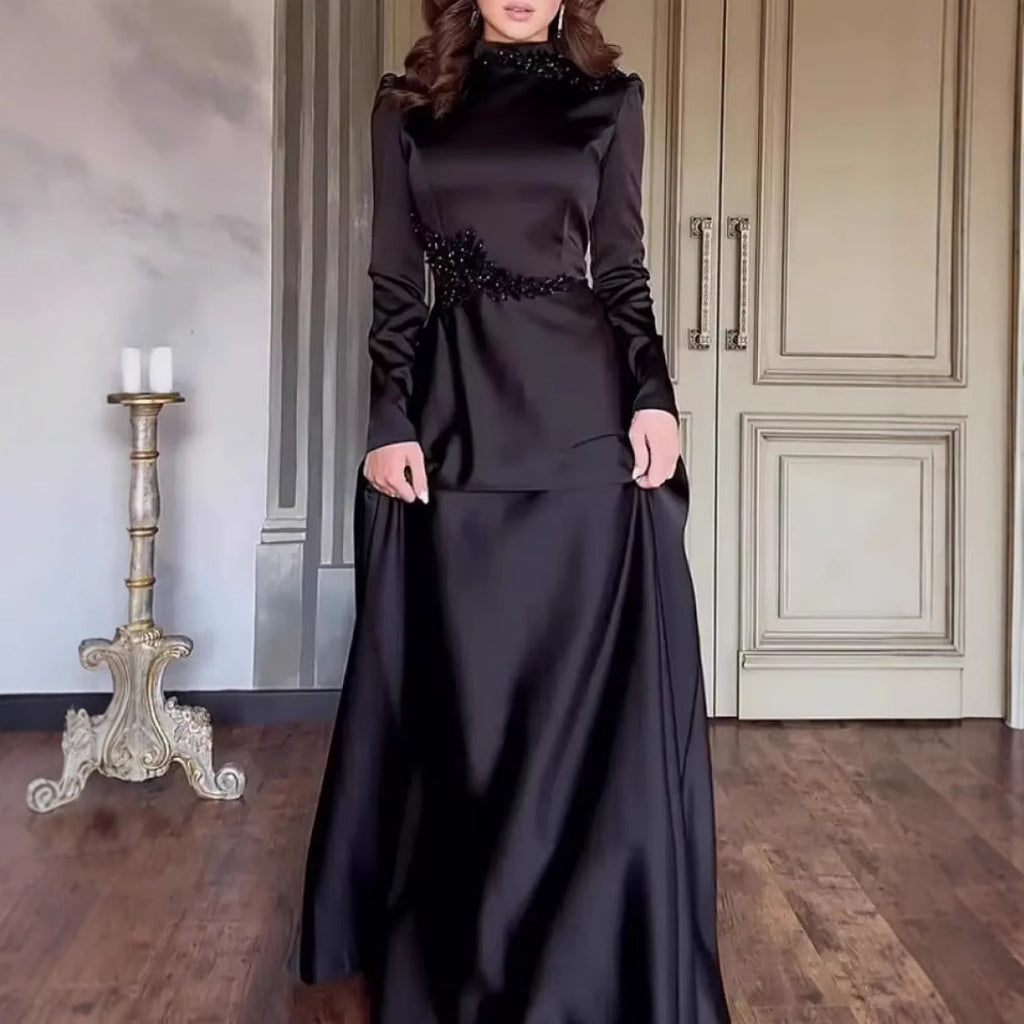 Pure Color Long Sleeve Fitted Lace Retro Elegant Dress Gown