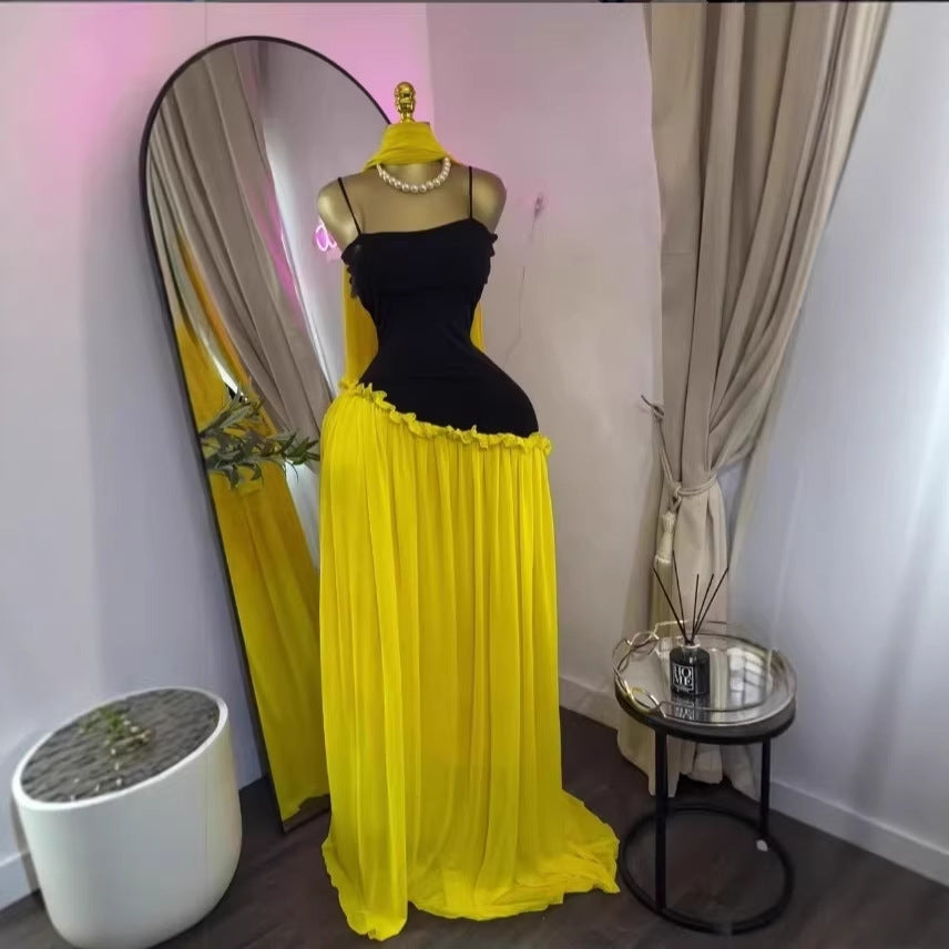 Elegant Spring New Women's Strapless Belted Pleated Long Dress Evening Gown with Scarf