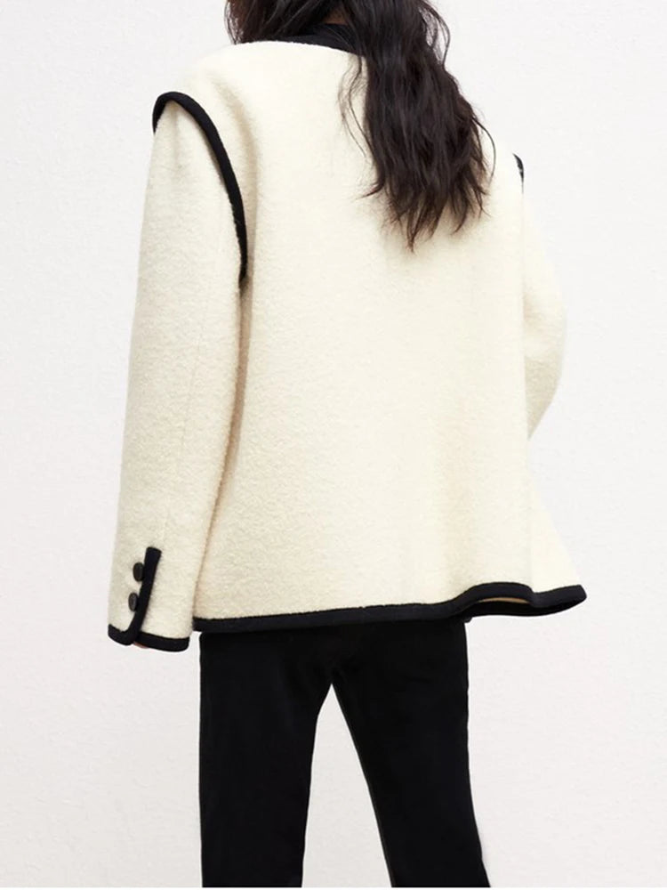 Vintage Coats For Women V Neck Long Sleeve Patchwork Single Breasted Casual Coat Female Fashion Clothing