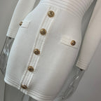 White Short-Sleeved Gold Four-Button Small V-Neck Sexy Waist Summer Knitted Dress Is Elastic And Gentle Light Luxury