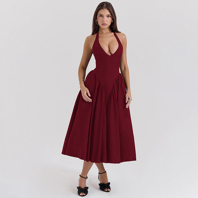 New fashion deep V-neck sexy fitted halter backless elegant lady high-end sense dress