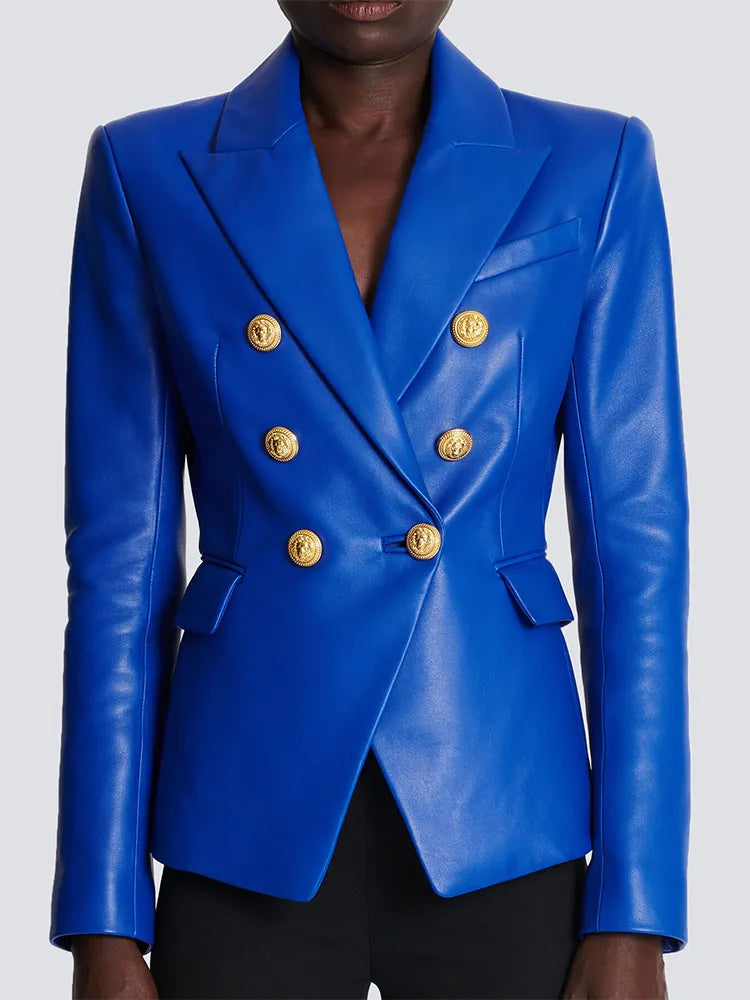 TOP QUALITY Newest Fashion 2023 Designer Jacket Women's Double Breasted Lion Buttons Slim Fitting Faux Leather Blazer