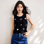 Sophisticated Embellished Beaded and Rhinestone Sweet 3D Floral Decorative Fitted Short Knit Vest for Petite Women